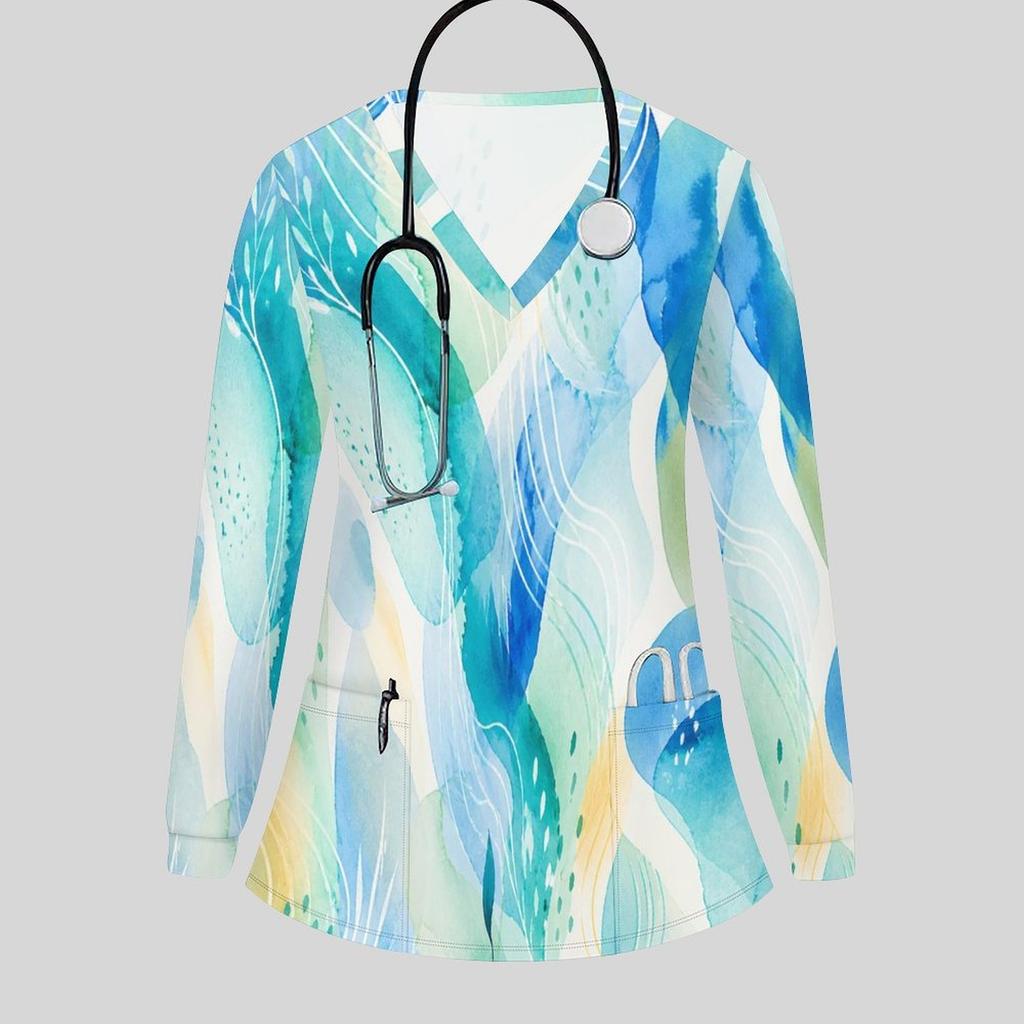 Women Plus Size Dark Blue Printed Nurse Scrub Top V Neck Long Sleeve With Pockets