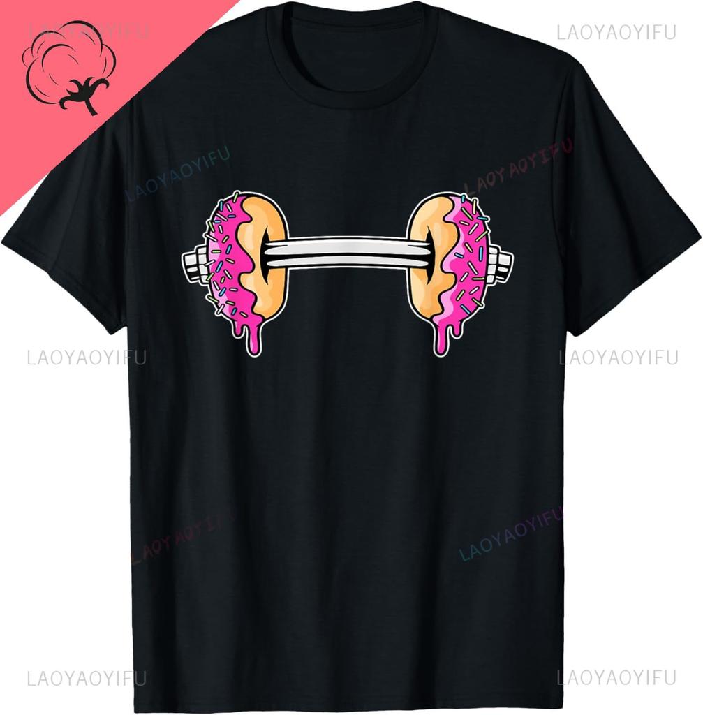 Dumbbells Donuts Day Funny Weightlifting Lover Gym Workout TShirt Custom Printed Graphic T Shirts Cotton Ropa Hombre