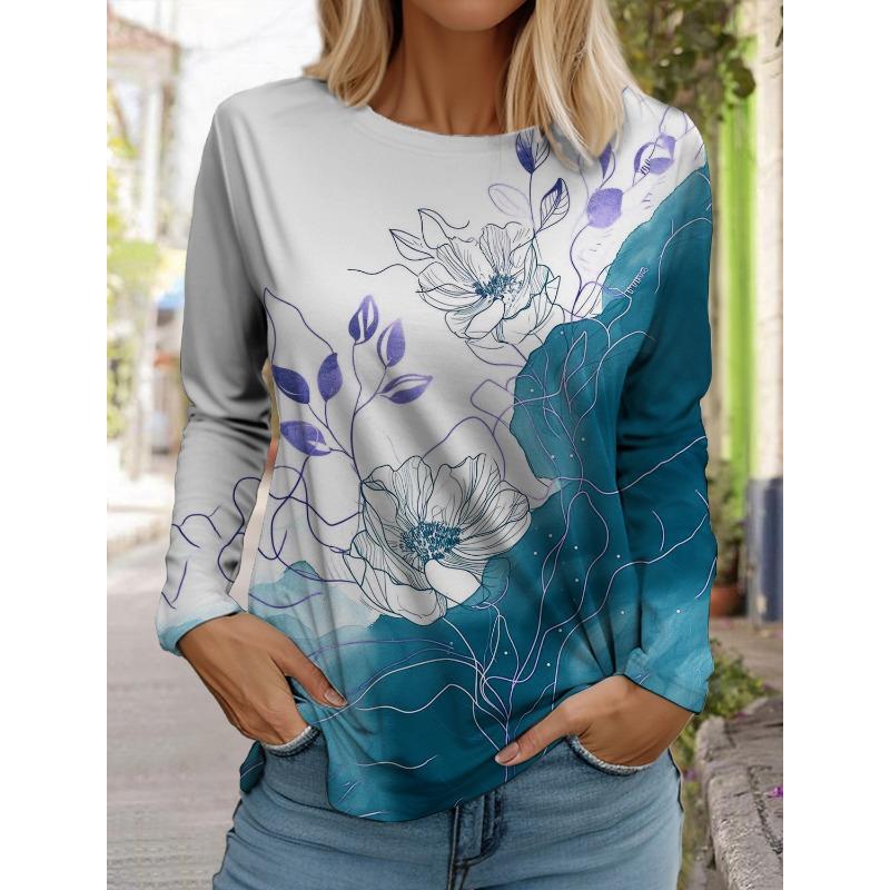 

женские модные топы в гавайском стиле с длинным рукавом и круглым вырезом, повседневная футболка с длинным рукавом, новый 3D-печатный цветочный принт 2XL