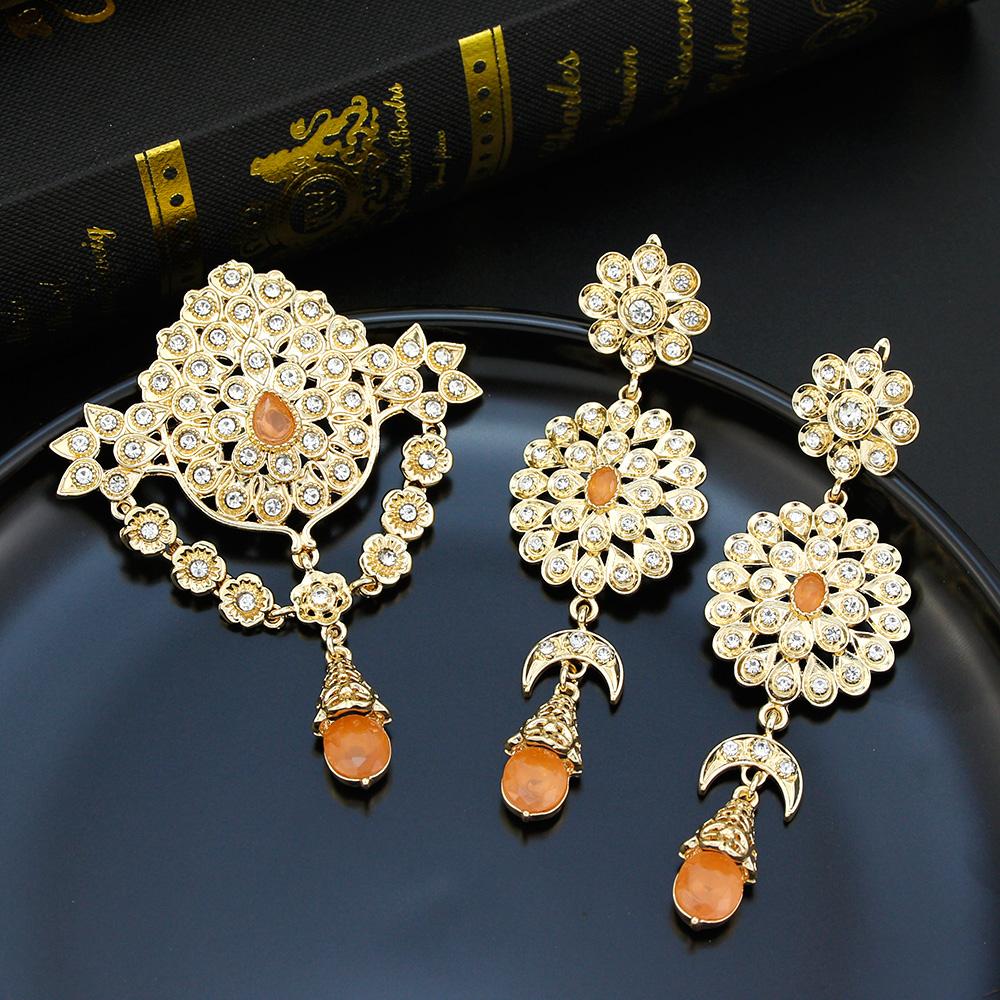 Chic Orange Crystal Women Brooch Set Arabic Bride Wedding Jewelry Hijab Pin Round Flower Brooch Bijoux