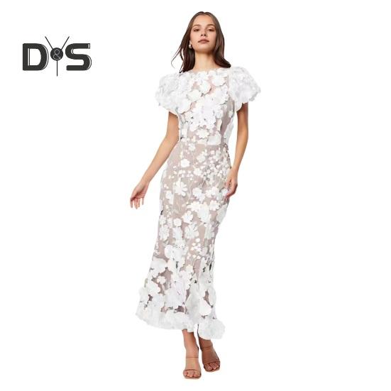 

Женское платье «рыбий хвост» с круглым вырезом и пышным рукавом с коротким рукавом, вышитое 3D цветочное платье миди, длинное платье с запахом на бедрах M белый