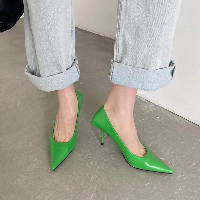 Summer Office Lady Women Pumps Shallow PU 9CM Thin High Heels Pointed Toe Slip On Fashion Dress Sandals Shoes for Woman