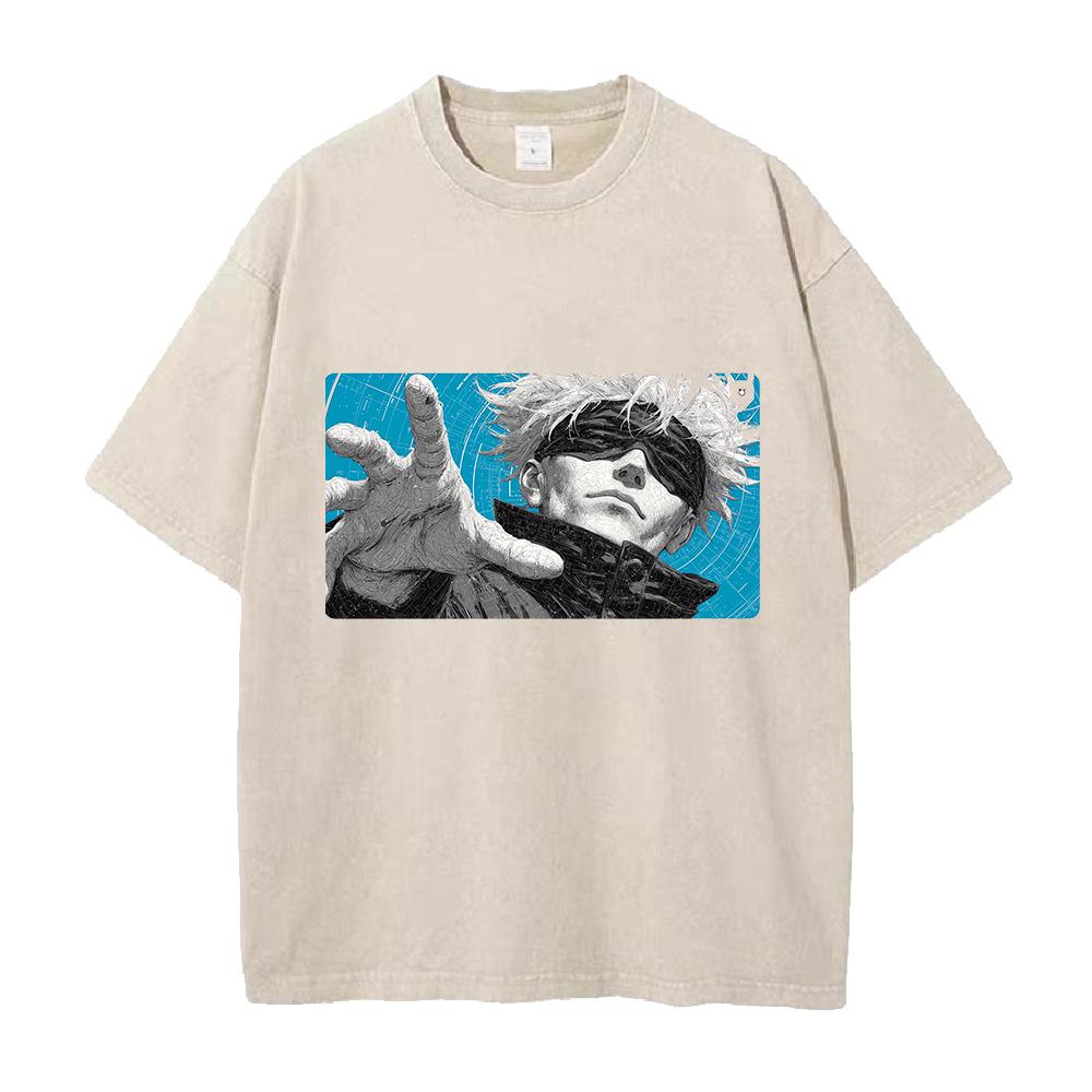 Gojo Satoru Print T-shirt Anime Jujutsu Kaisen Clothing Men Women Cotton Tshirts Retro Washed T Shirt Harajuku Male Casual Tops