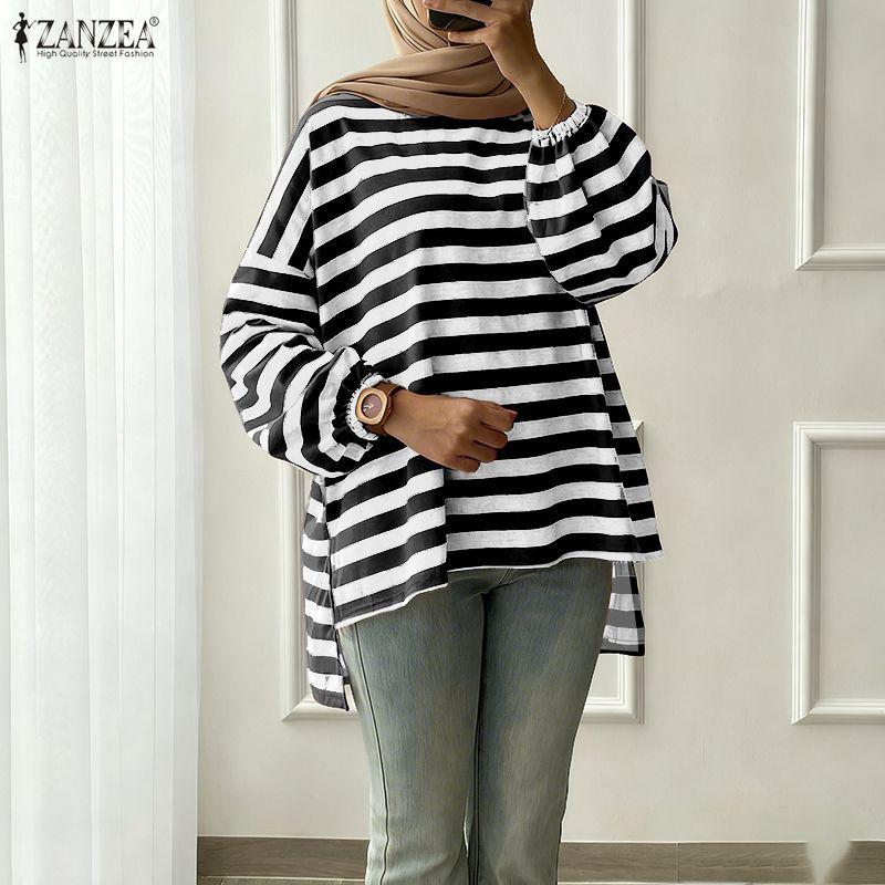 ZANZEA Women Stripe Print Loose Casual Round Neck Long Sleeve T-Shirts