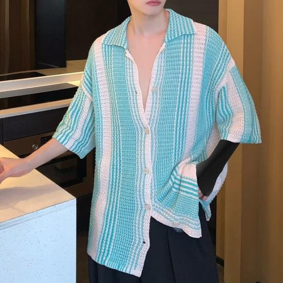 Summer Men Shirt Knitted Color Matching Lapel Elastic Japanese Style Single-breasted Short Sleeves Retro Antu-shrink Casual Vacation Beach Top