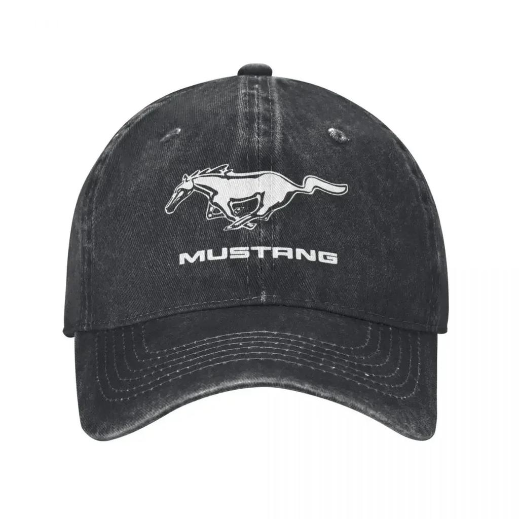 Klassische Mustang Logo Baseballkappe für Unisex Damen Used Denim Gewaschen Snapback Hut Weißes Pferd Unstrukturiert Weiche Kappen Mütze