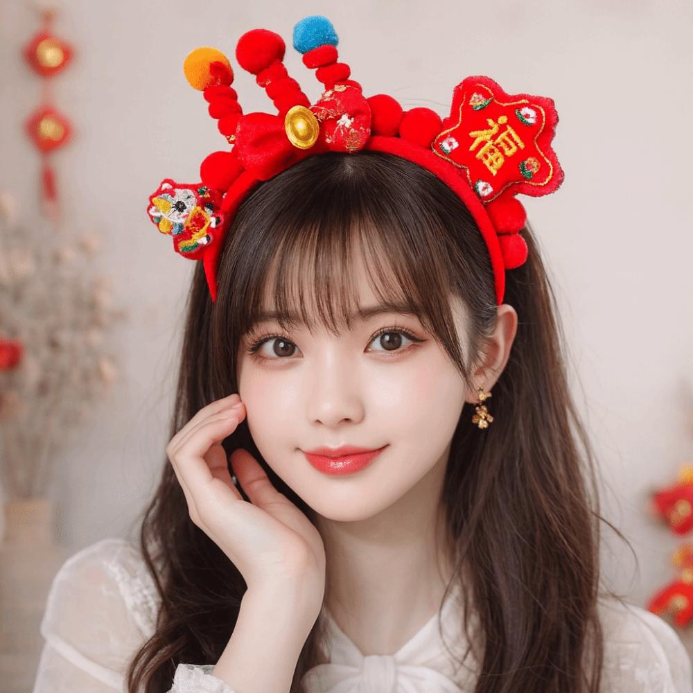 Headwear New Year Hair Hoop Embroidered Bow Ancient Style Hairband Red Plush Headband  Festival
