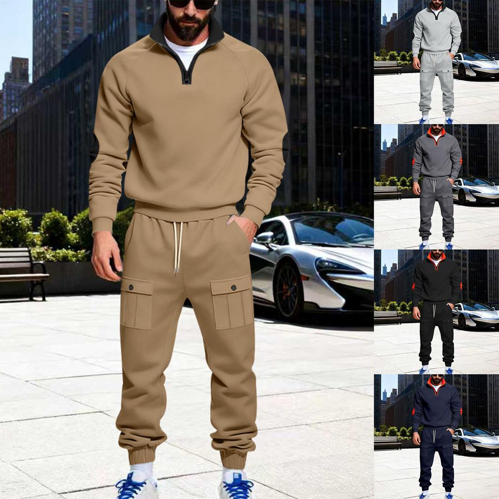 Men's Casual Heavy-duty Fleece Loose Stand-up Collar Casual Sweatshirt, Men's Sportswear Workwear Sweatshirt And Pants Set