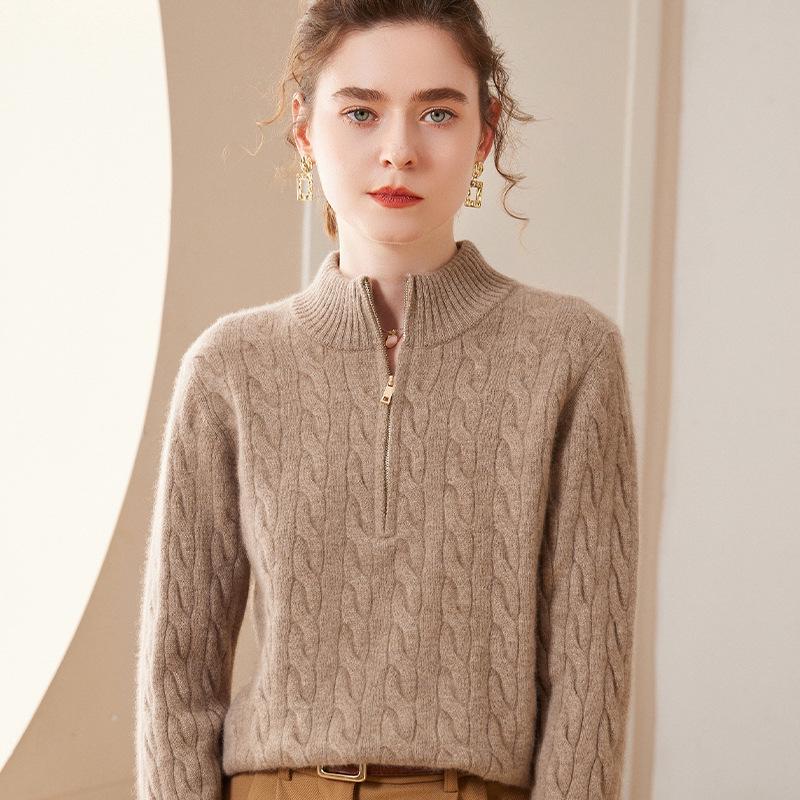 Women's Japanese Style Cashmere High Neck Zipper Sweater - Thick Knit Wool Base Layer for Autumn/Winter
