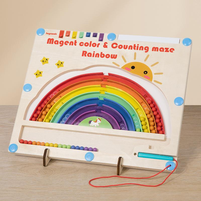 Wooden Children's Fun Magnetic Pen Rainbow Walking Ball Game Early Education Maze Digital Color Classification Counting Toy