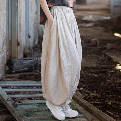 Ramie Cotton Distressed Patchwork Lantern Pants - Women's Spring/Summer Pumpkin Long Pants