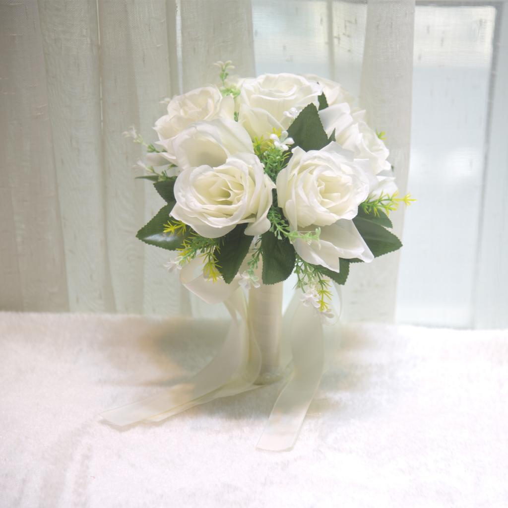 Artificial Bridal Bouquet Silk Rose Wedding Flowers Handheld Bouquet with Ribbon Wedding Decoration for Bridesmaids and Events