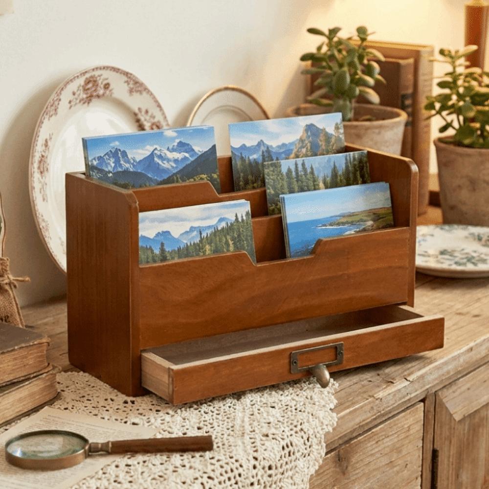 Rustic Desktop Drawer Storage Box Wooden Mail Organizer Stationery Storage Containers Office Use
