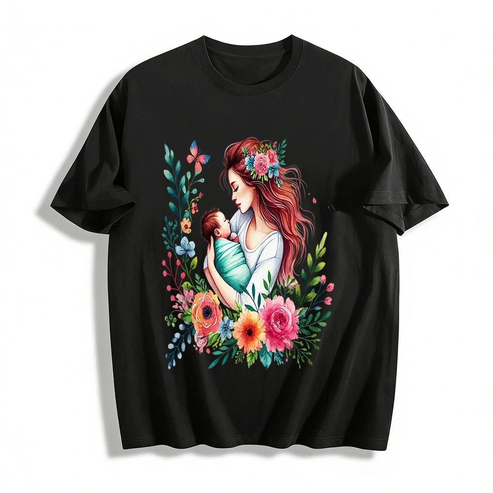 Floral Mom And Baby Print Casual Daily Wear Top Pure cotton T-shirt XXS