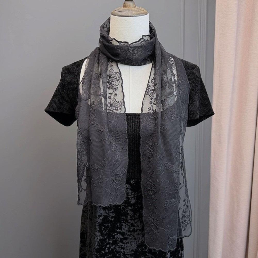 Literary Retro Women's Lace Scarf Solid Color Long Female Headscarf Korean Version Embroidered Flower Sunscreen Shawl