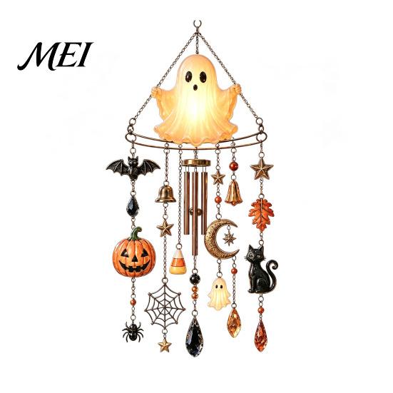 Whimsical Bat And Black Cat Decor Halloween Acrylic Wind Chime Pendant, Crystal Suncatcher Hanging Ornaments, Decorative Luminous Pumpkin Porch
