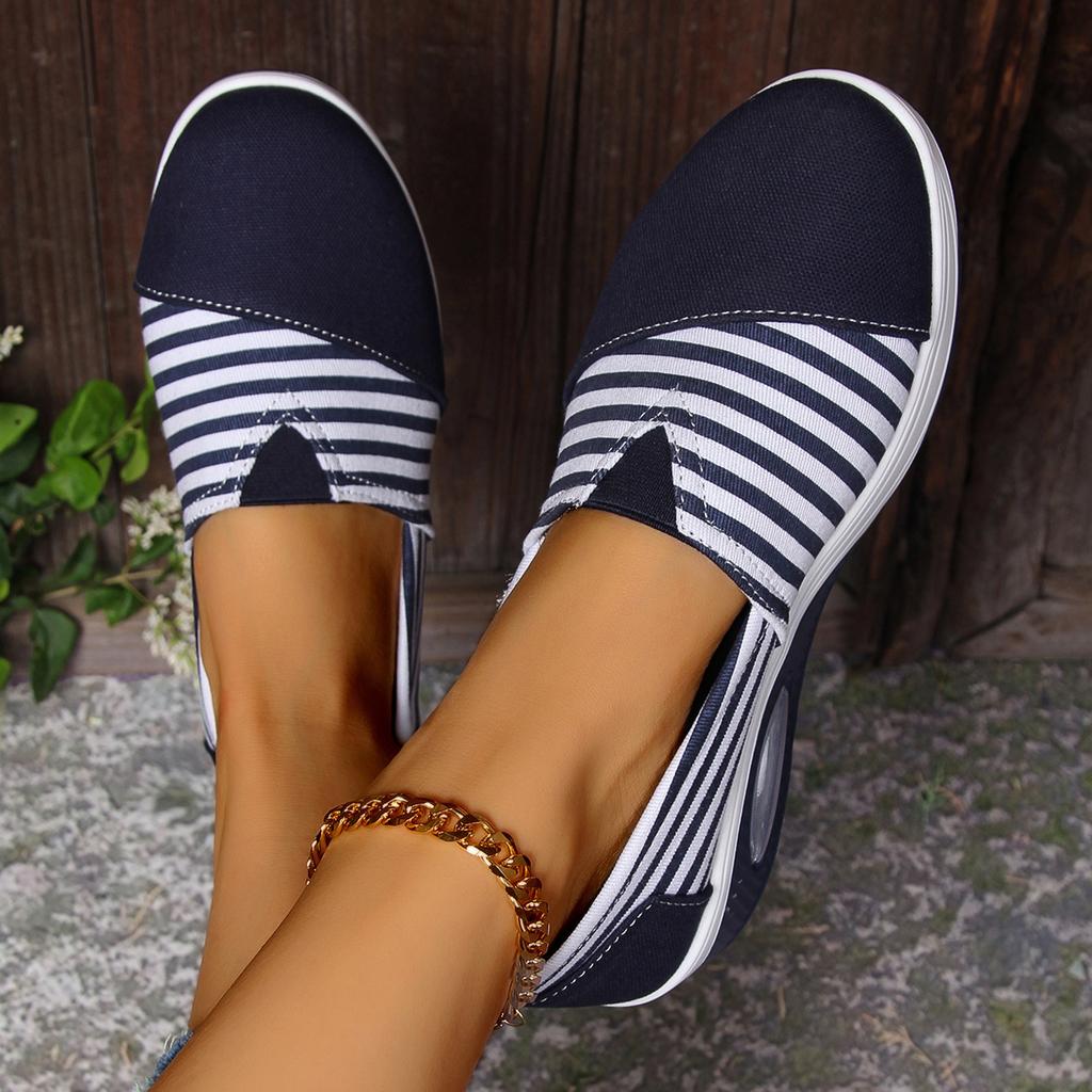Women's Striped Slip-On Sneakers - Round Toe, Low Top, All-Season Comfort Shoes and Breathable Fabric Insole