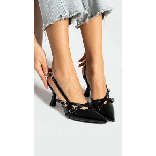 Biyana Double Strap Buckle Detailed Black Patent Leather Women's High Heels