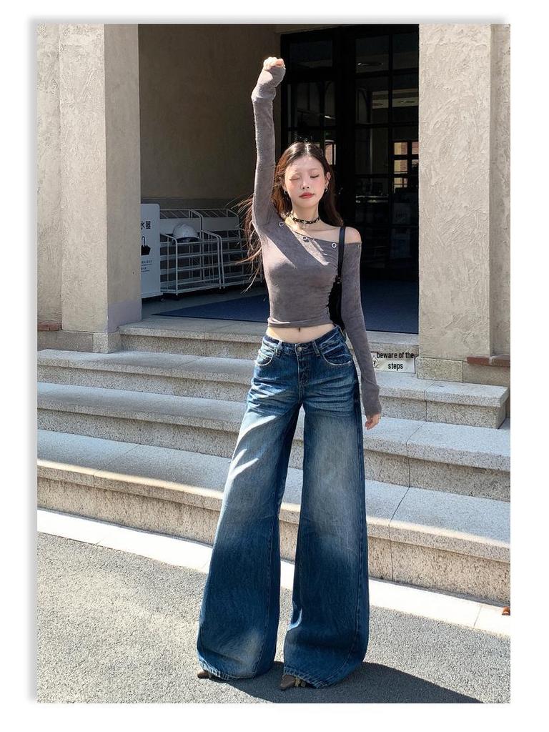 Retro Blue High-Waisted Wide-Leg Jeans for Women – Autumn/Winter 2025 Collection, Floor-Length and Slimming Design