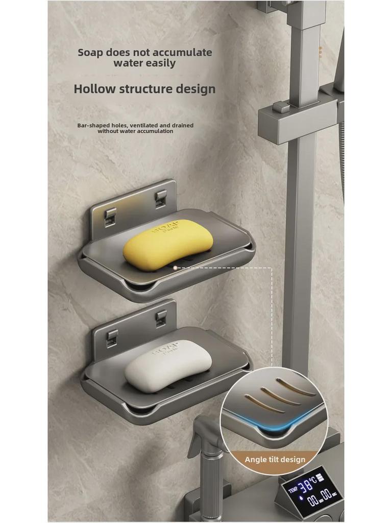Punch-Free Wall-Mounted Soap Rack, Space-Saving Aluminum with Dual Drain Design