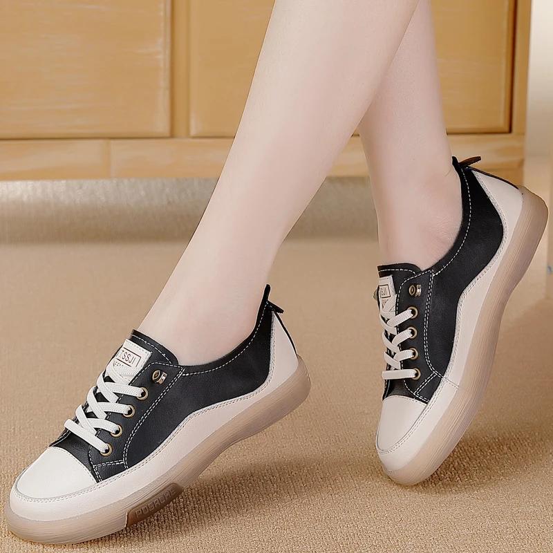 Women Genuine Leather Student Casual Sneaker Ladies Non-Slip Jooging Flats Walking Shoes Fashion Summer Breathable Running Shoes