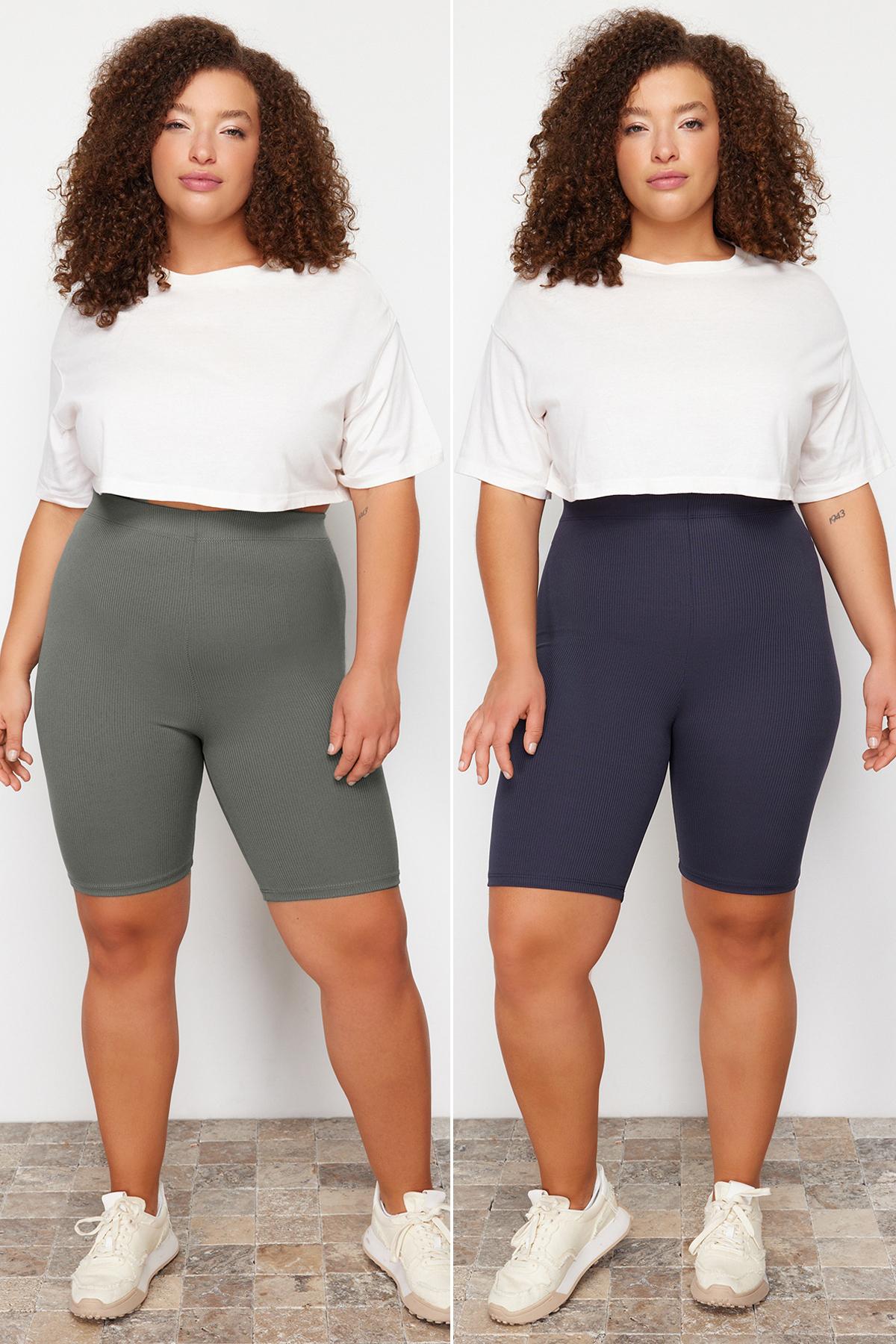 

Women s Style Plus Size Navy Blue - Khaki 2 Pack Biker Knitted Tights 2XL
