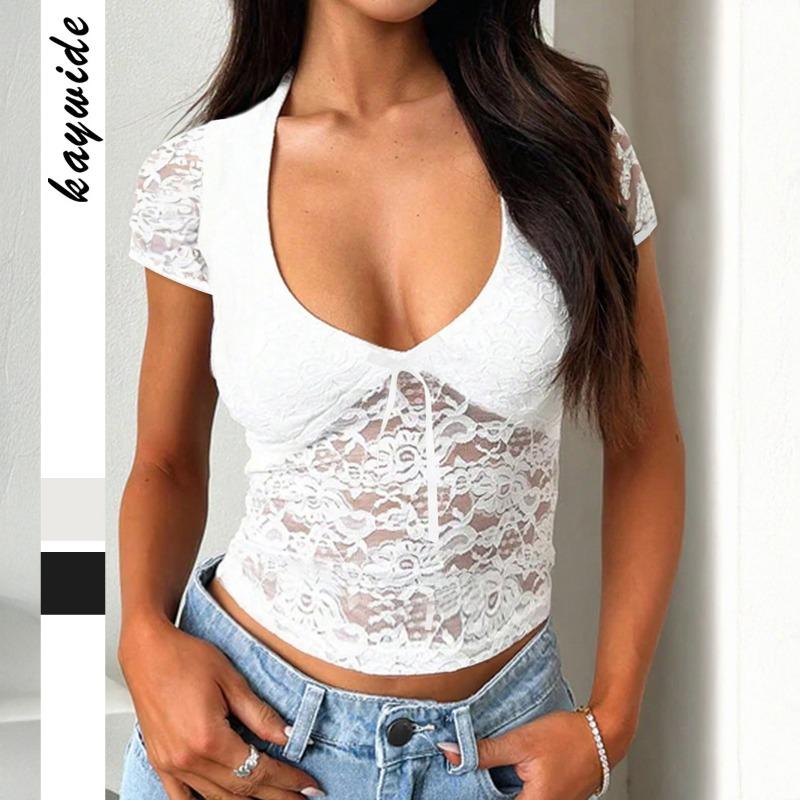 Canotta corta con pizzo traforato da ragazza T-shirt da donna Stazione indipendente Autunno e Inverno