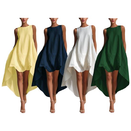 Women's Cotton Linen Sleeveless Midi Dress Crew Neck Asymmetric Hem Tank Dress Summer Casual Beach Sundress