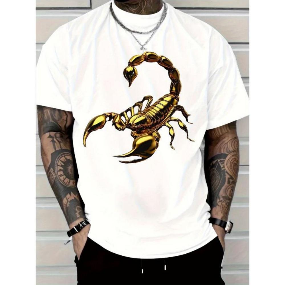 European Sizes White T - Shirt with Gold Shiny Scorpion Graphic, Intricate Metallic Scorpion Design, Comfortable Casual Crew Neck T - Shirt S