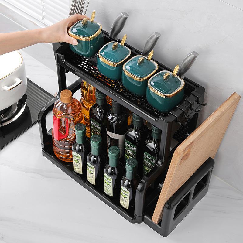 Kitchen Shelf Two-layer Seasoning Rack Knife Holder Cutting Board Rack Countertop Multifunctional Multi-layer Storage No Punching Seasoning Rack
