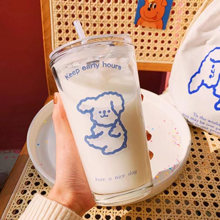 Glass Straw Cup Printing Milk Tea Cold Drink Coffee Cup Household Water Cup High Value Juice Cup Printing