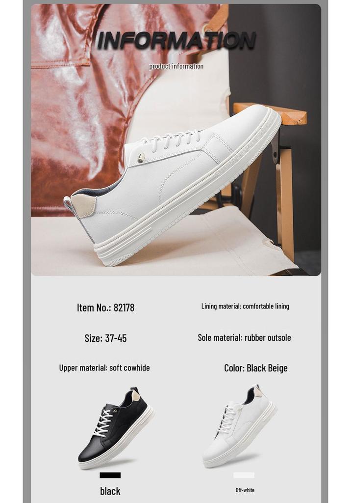 Men's White Leather Low-Top Sneakers - Casual Round Toe