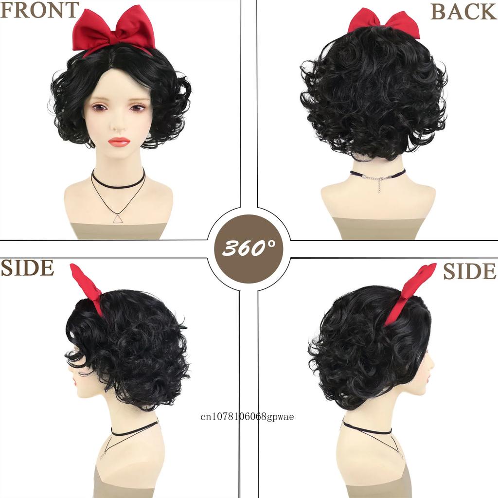 Short Black Curly Synthetic Wig for Women Snow White Cosplay Wigs with Red Bow Costume Anime Wig Halloween Party Heat Resistant
