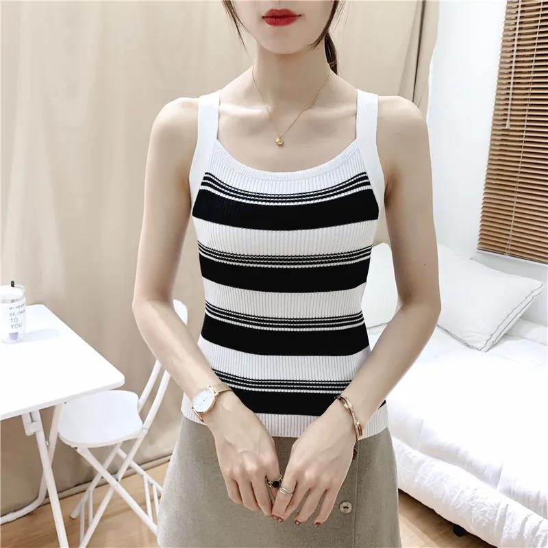 

Камзол женский полосатый вязаный сексуальный внутренний износ тонкий спортивный повседневный простой топ XL белый