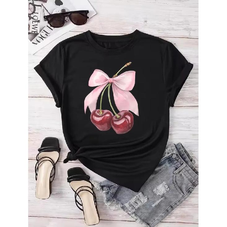 Fashion Cherry Print Women T-Shirt Short Sleeve Crew Neck Casual Tops for Summer Spring Women's Clothing Tops Tees
