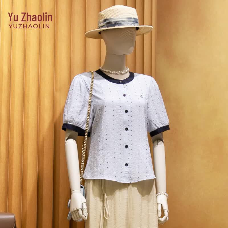 YUZHAOLIN Women s French Retro Polka Dot Short Sleeve Blouse 2XL