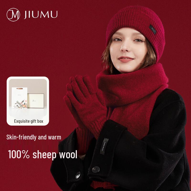 

JIUMU Women s Pure Wool Scarf Hat Gloves 3-Piece Gift Set