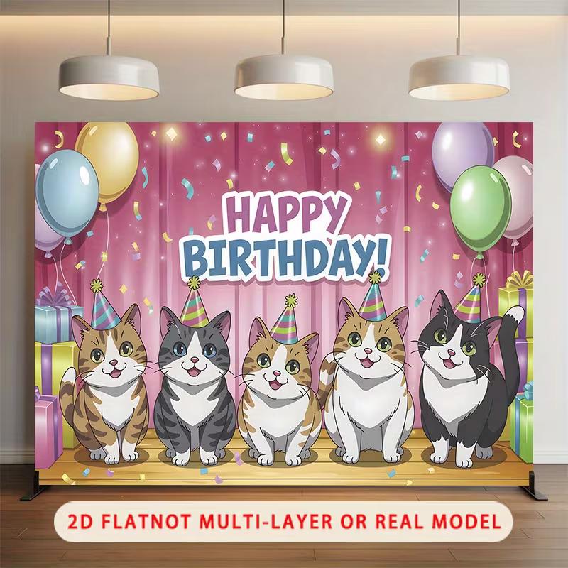 2D Cartoon Kitten Birthday Backdrop Pink Curtain Balloon Party Background