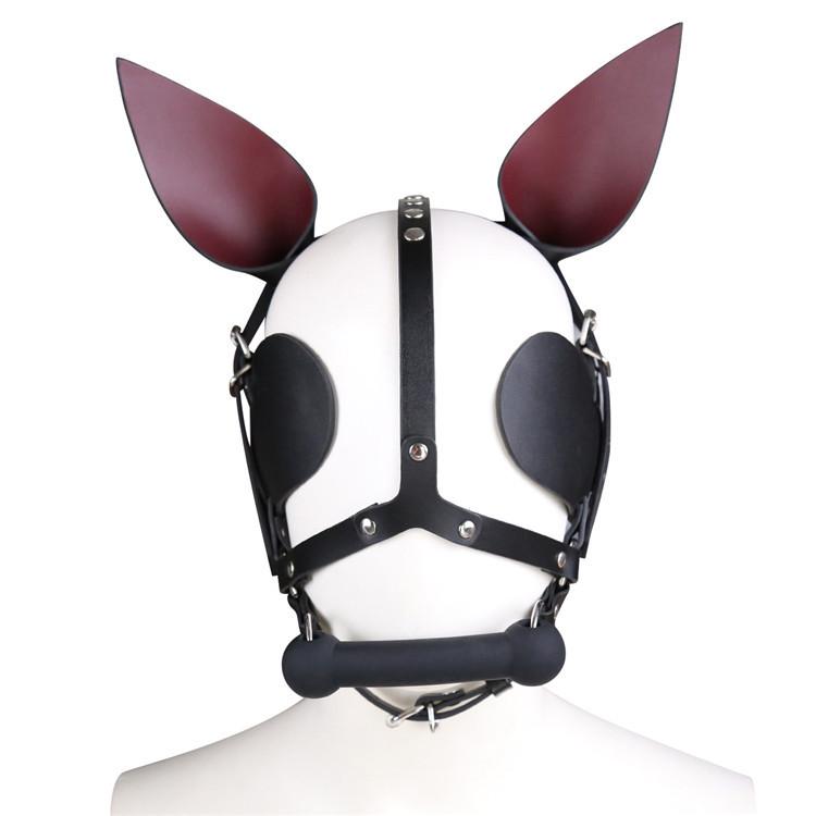 BDSM rekvizity Sexuální hračky pro dospělé Černá kůže Sub Master Dog Pokrývka hlavy Roubík se zavázanýma očima