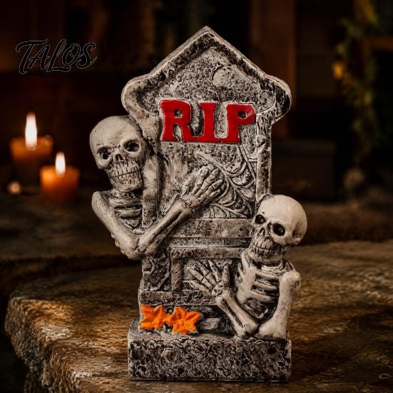 Halloween Ghost Night Light Resin Figurines with LED Lights, Cute Reading Moom & Crescent Small for Desk Light, Tombstone Skeleton Statue, Spooky Home