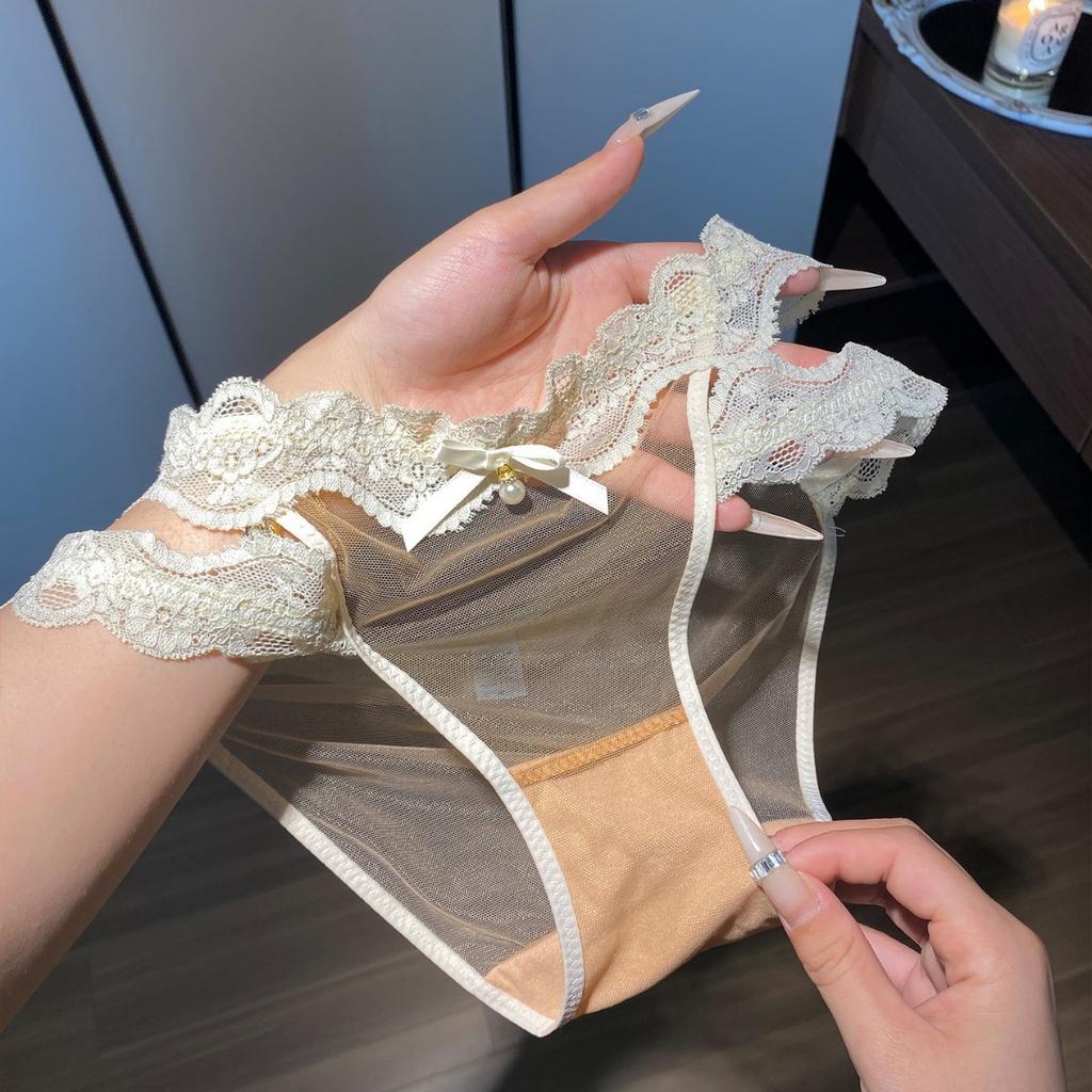 Damen Sommer Reines Süßes Netzgarn Perlen Schleife Spitze Beinring Dreieck Slip