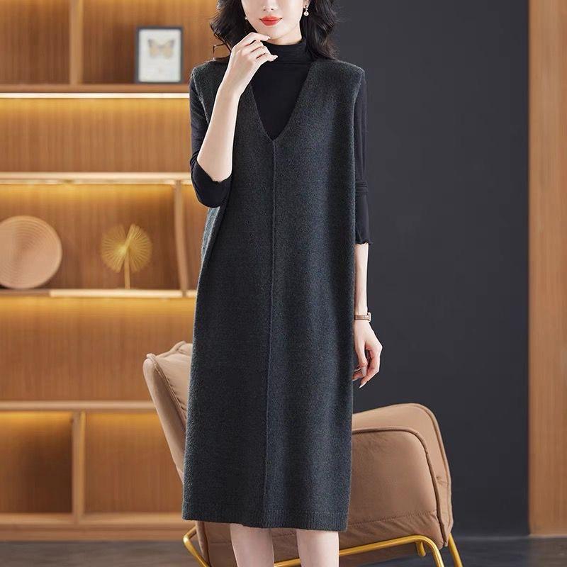 

Сукня великого розміру з довгим рукавом з в язаної вовни з вирізом у формі серця - Приталена та стильна для весни та осені One Size темно-сірий