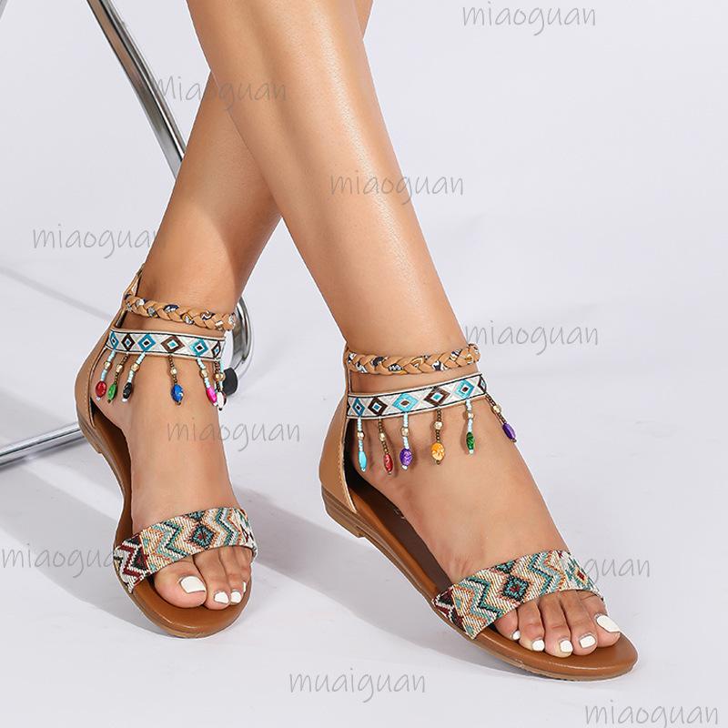 Women's Sandals 2025 Summer Back Zipper Beaded Tassel Women Shoes Ethnic Style Roman Sandals Bohemian Sandalias De Mujer