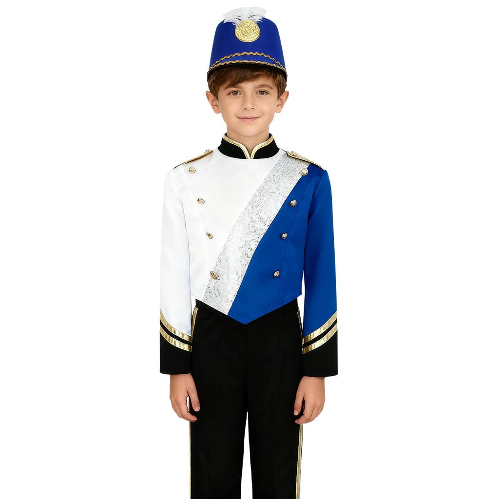 Boys Marching Band Uniform Stand Collar Long Sleeve Sequins Patchwork Color Block Design Epaulets Buttons Hat Set