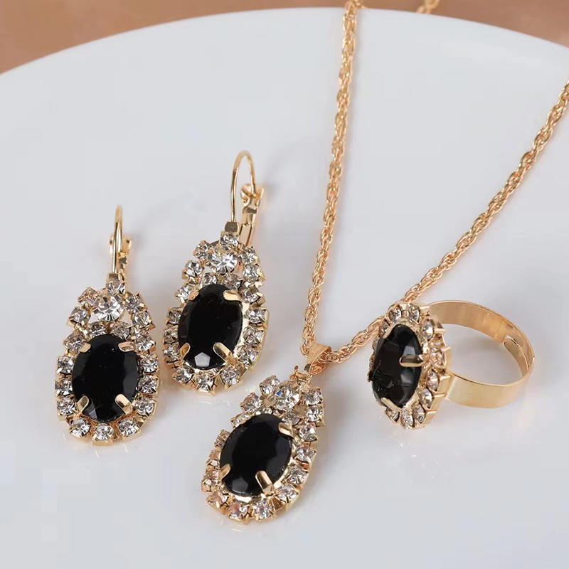 Necklace Earring Ring Three Piece Set Women's Water Droplet Heart-shaped Rhinestone Sets Fashionable Bridal Accessory