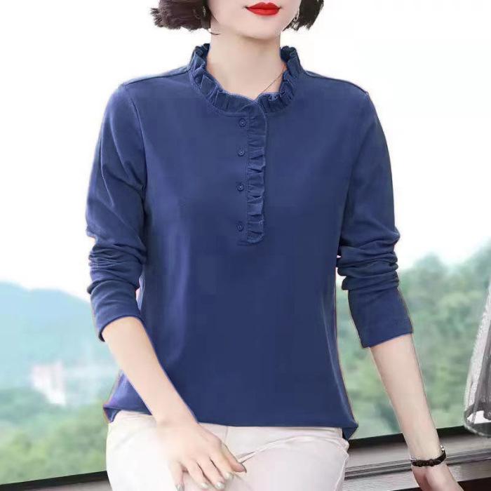 Long-sleeved Top Warm Season and Autumnal T-shirt for Women's Fungus Collar Middle-aged Mother Loose Large-size Stand Collar New Fashionable Base