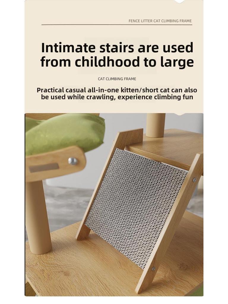 Large Wooden Cat Tree & Scratching Post with Space-Saving Design - Integrated Climbing Frame & House