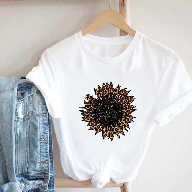 (Evropská velikost)Krásné tričko Oblečení Tričko Top Leopard Květinový Trend Roztomilé Módní Ležérní Krátký Rukáv Dámské Potisk Dáma Ženské Kulatý Výstřih Grafické Tričko