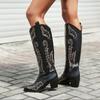IPPEUM Cowboy Boots For Women Embroider Chunky Heel Red Leather Cowgirl Shoes Knee High Western Botas Cowboy Femininas