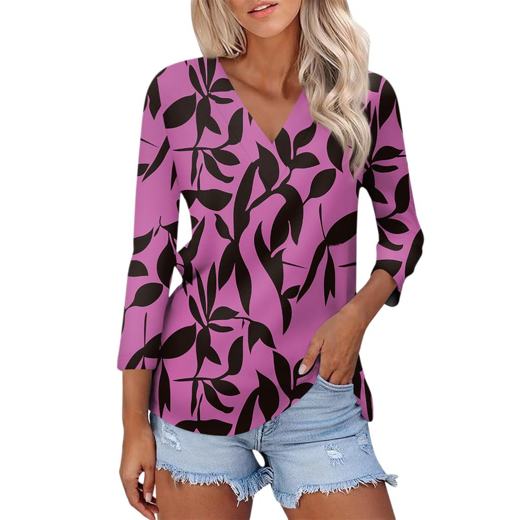 Women's Casual Fashion Sexy Comfortable V-neck Floral, Plaid Three-quarter Sleeve Top